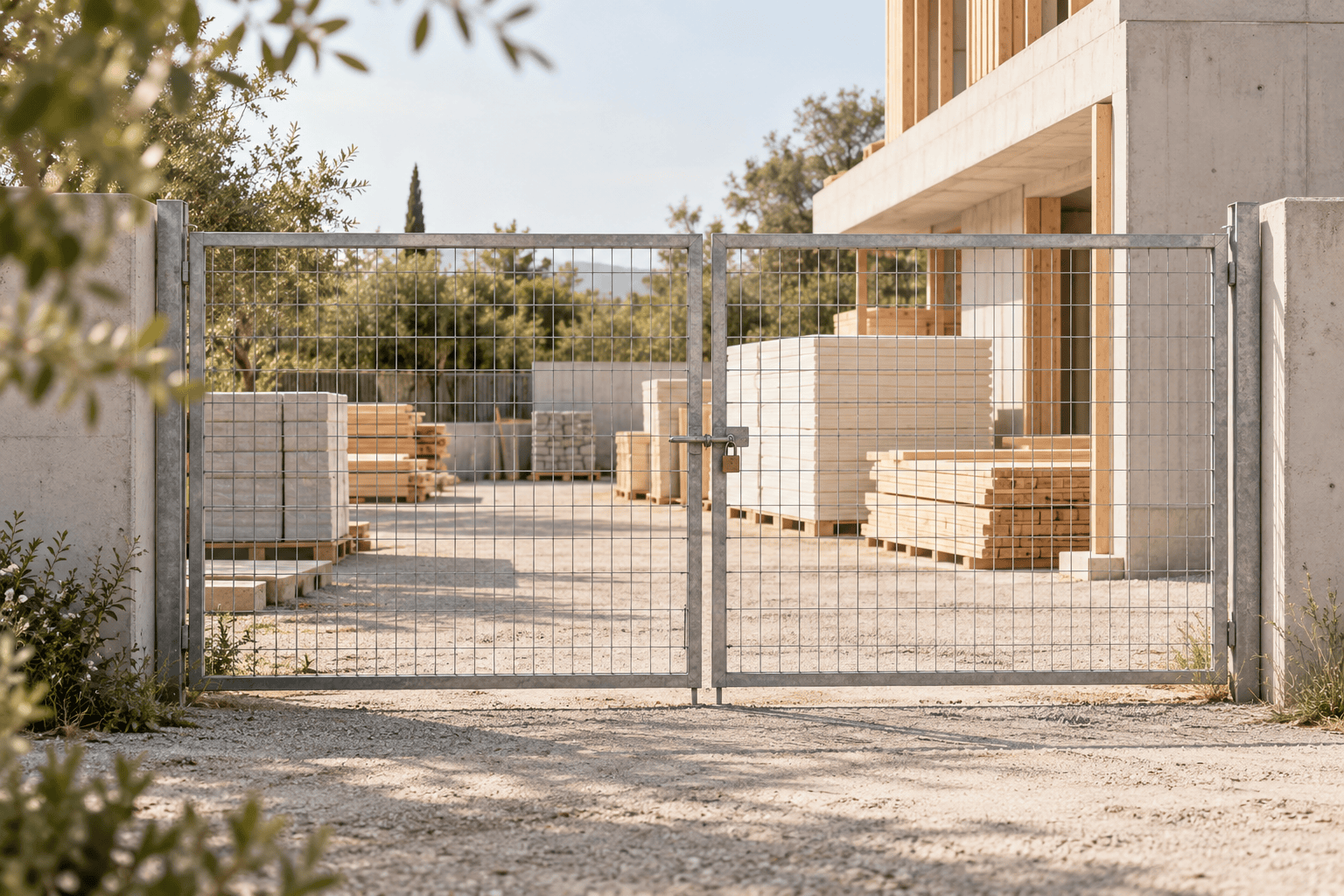 Geschlossenes, mit einem Vorhängeschloss gesichertes Metalltor einer Baustelle, dahinter gestapelte Baumaterialien wie Holzbalken und Steinpaletten vor einem Rohbau aus Beton im hellen Tageslicht.