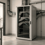 Heller Technikraum mit einem Netzwerkschrank, in den von mehreren Seiten Kabelstränge zusammenlaufen
