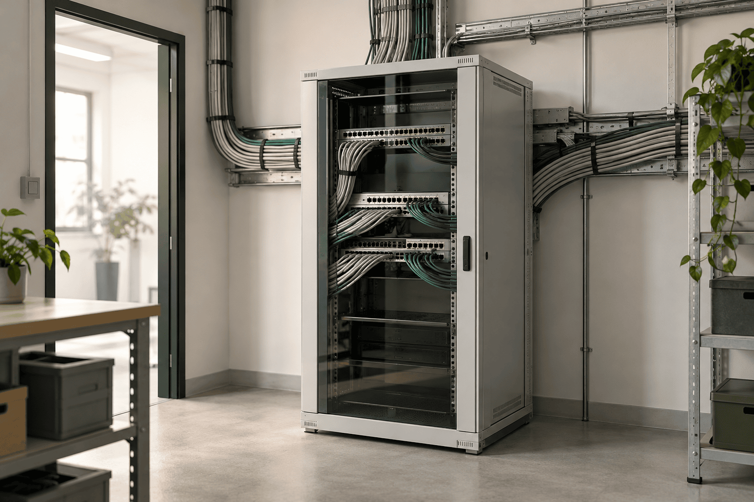 Heller Technikraum mit einem Netzwerkschrank, in den von mehreren Seiten Kabelstränge zusammenlaufen