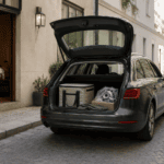 Ein dunkler Kombi steht mit geöffnetem Kofferraum in einer ruhigen Gasse vor einem Restaurant; darin liegen eine neutrale Lieferbox, ein Karton mit verpacktem Metallteil und eine grüne Jacke.